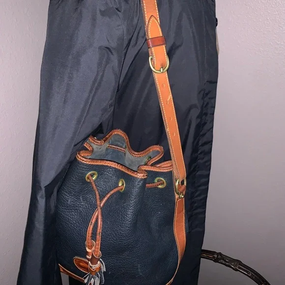 Dooney & Bourke Dark Blue and Brown Leather Draw String Bag - Picture 2 of 13